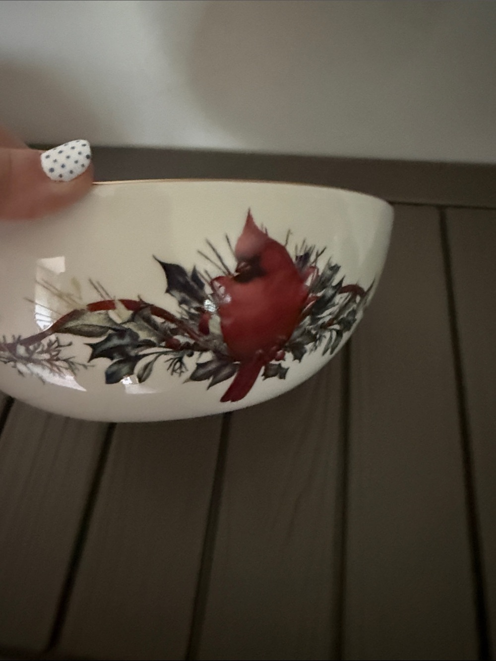 Lenox Cream Holiday Serving Bowl with Red Script and Gold Rim - Picture 2 of 5